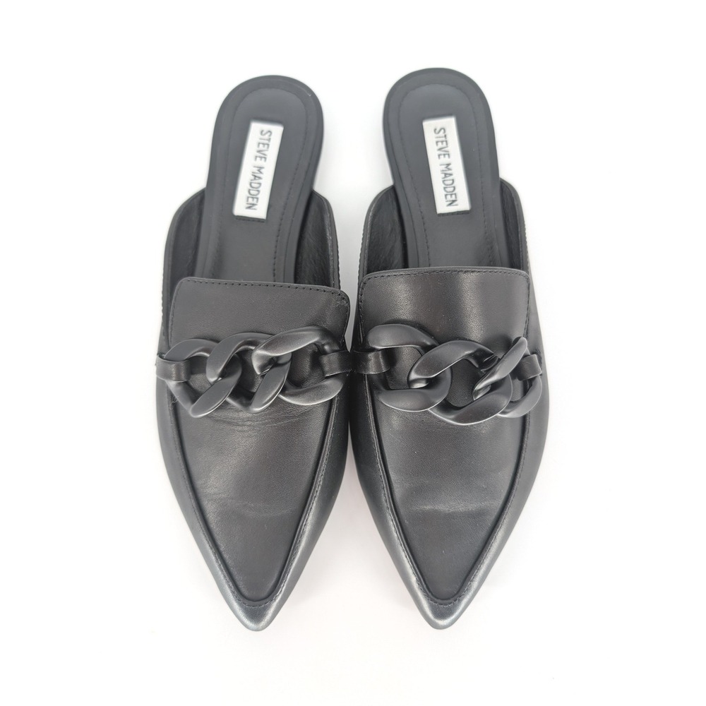 Steve Madden Fleur Mule Women 9M Black Leather Pointed Toe Chain Flat Chic Edgy - Picture 3 of 10